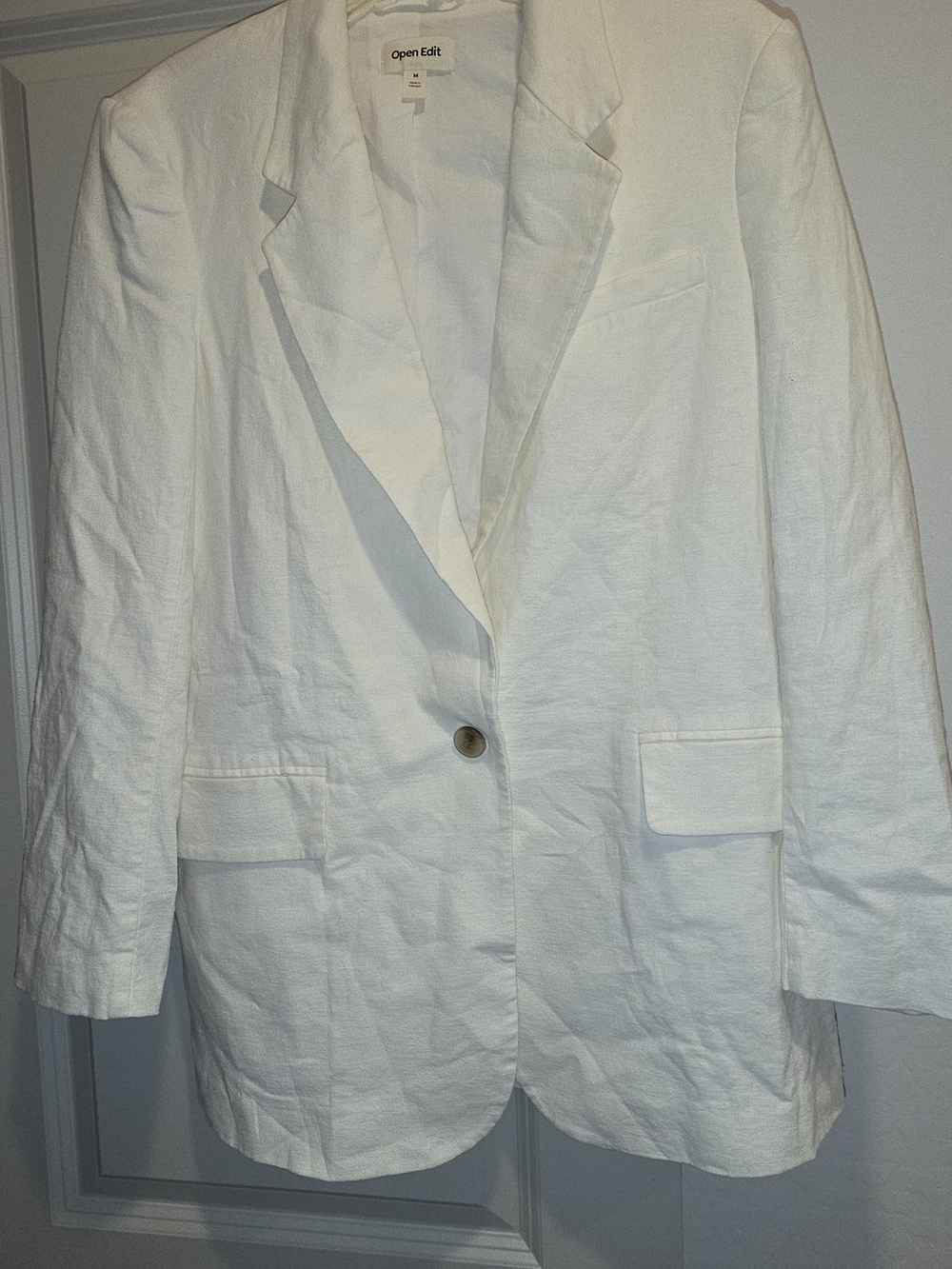 Open Edit Women's White Single-Button Linen Blazer